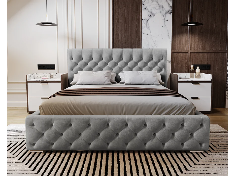 Emporius Elira łóżko tapicerowane 140x200 z pojemnikiem - tkanina velvet, glamour, pikowanie chesterfield - łóżko 140x200 szary (Magic Velvet 2217)