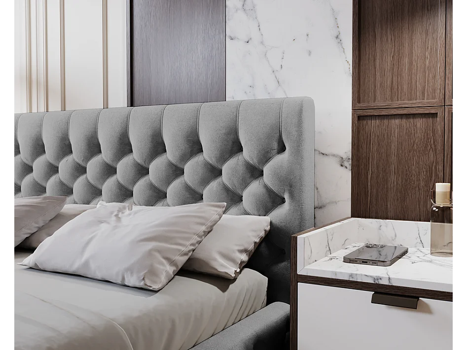 Emporius Elira łóżko tapicerowane 140x200 z pojemnikiem - tkanina velvet, glamour, pikowanie chesterfield - łóżko 140x200 szary (Magic Velvet 2217)