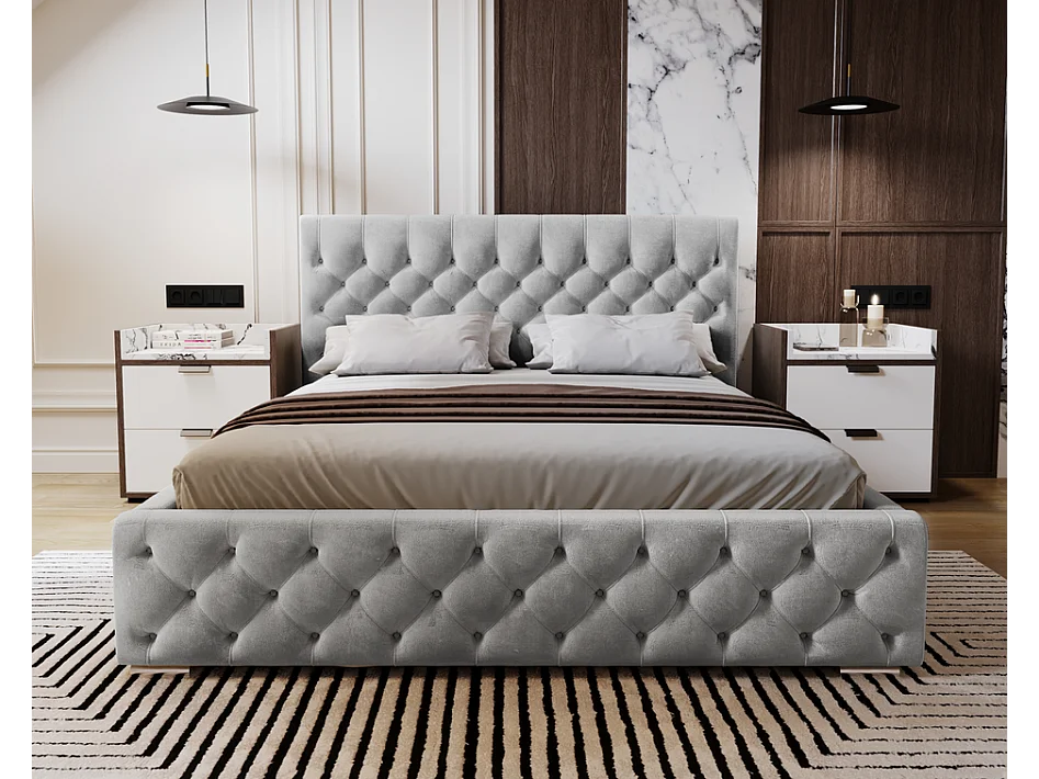 Emporius Elira łóżko tapicerowane 140x200 z pojemnikiem - tkanina velvet, glamour, pikowanie chesterfield - łóżko 140x200 jasny szary (Magic Velvet 2218)