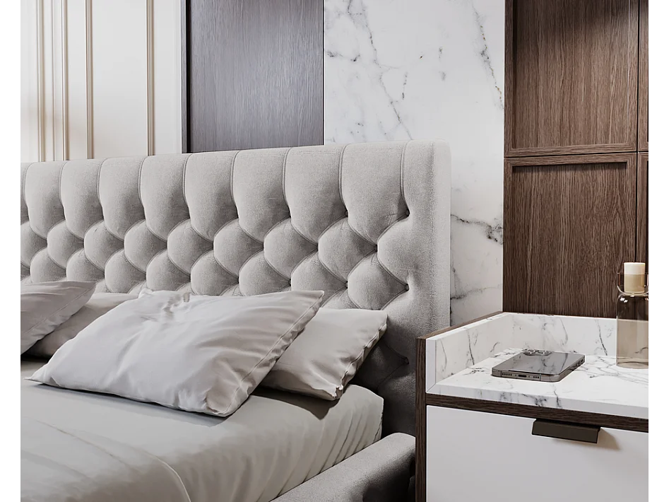 Emporius Elira łóżko tapicerowane 140x200 z pojemnikiem - tkanina velvet, glamour, pikowanie chesterfield - łóżko 140x200 jasny szary (Magic Velvet 2218)