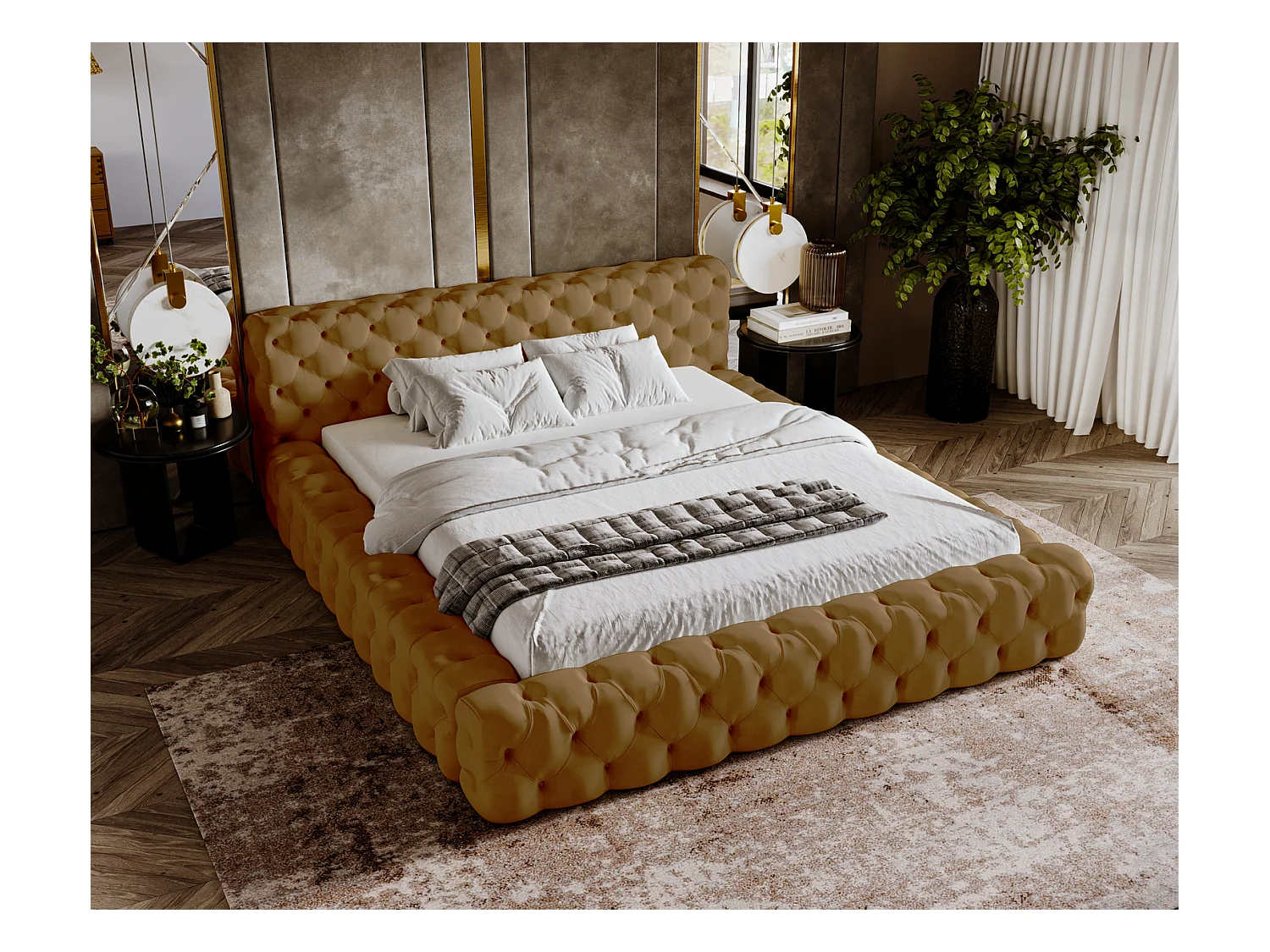 Emporius Lit rembourré avec rangement Vigo, Lit adulte 160x200 cm - Doré (Amor Velvet 4325)