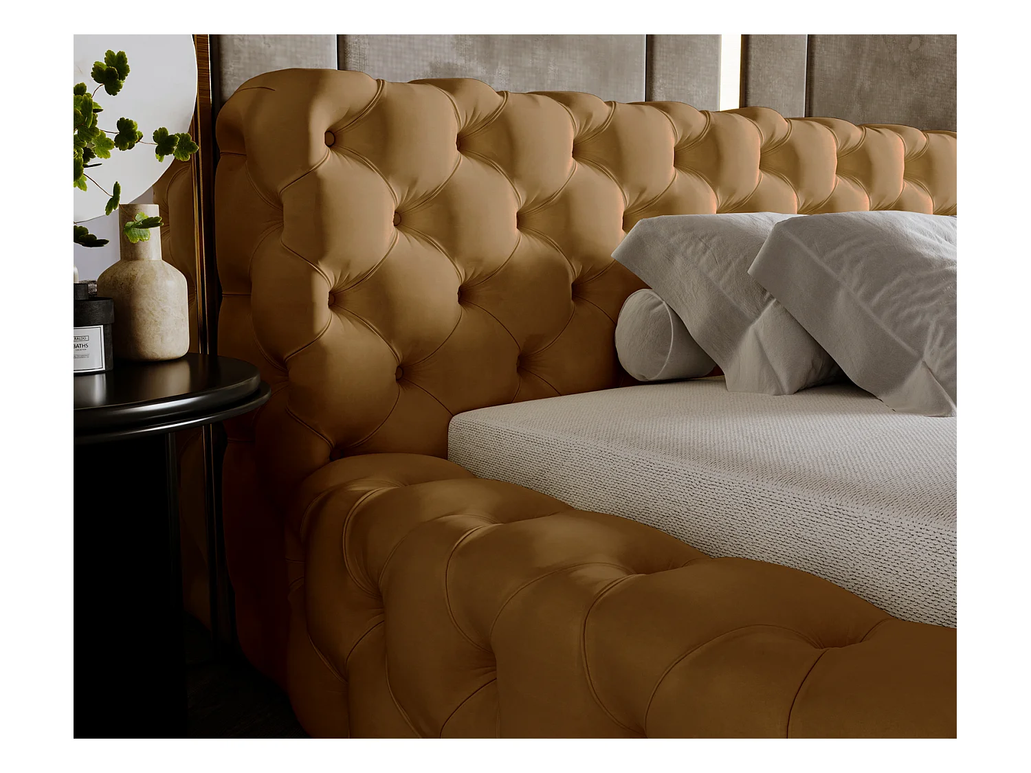 Emporius Lit rembourré avec rangement Vigo, Lit adulte 160x200 cm - Doré (Amor Velvet 4325)