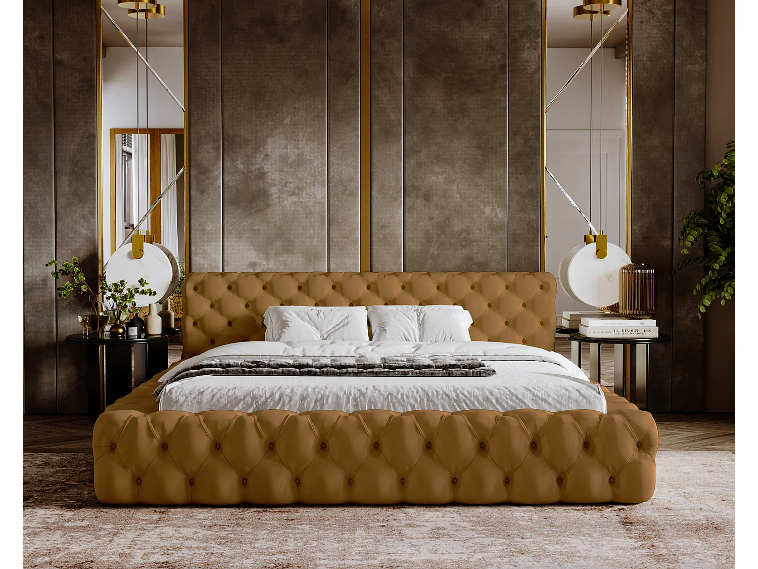 Emporius Lit rembourré avec rangement Vigo, Lit adulte 160x200 cm - Doré (Amor Velvet 4325)