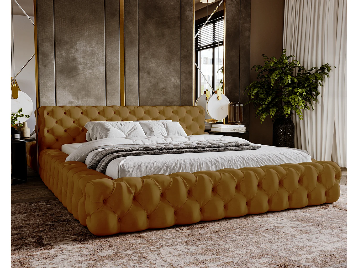 Emporius Lit rembourré avec rangement Vigo, Lit adulte 160x200 cm - Doré (Amor Velvet 4325)