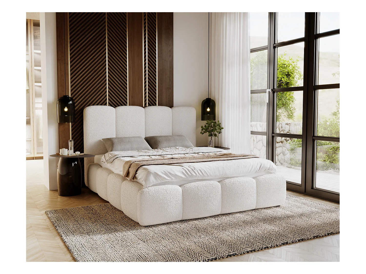 Emporius gestoffeerd bed 160x200 cm Merkad Bouclé - bed met lattenbodem en bedlade, Bouclé - Crème (Anthology 1)