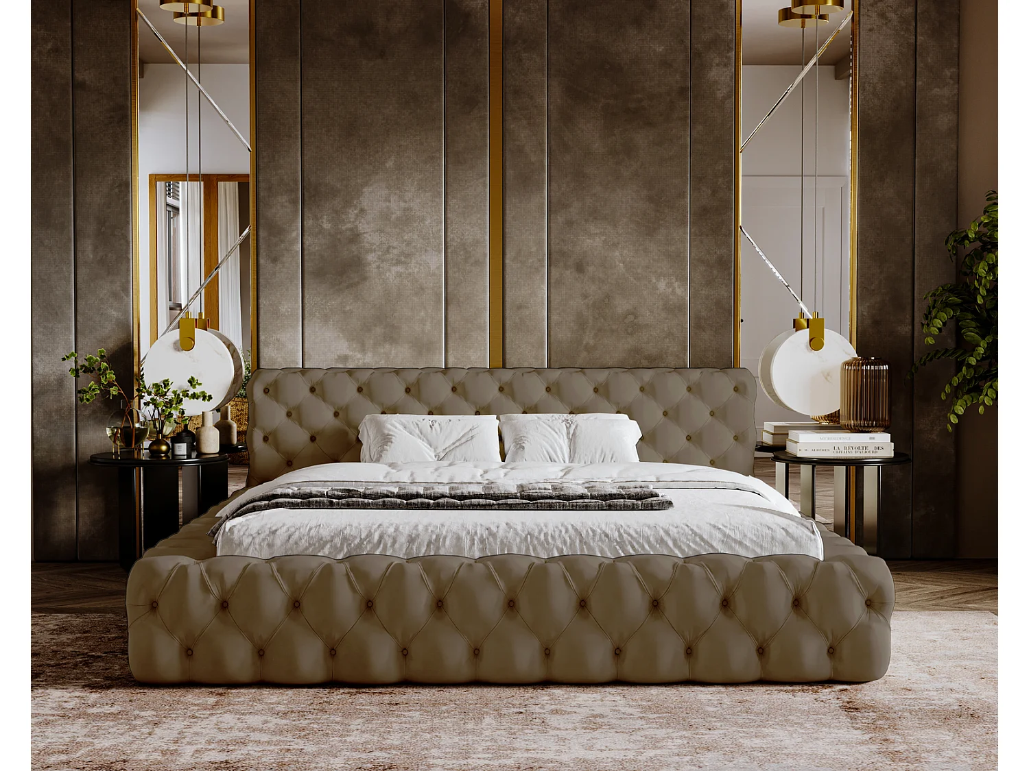 Emporius gestoffeerd bed 180x200 Vigo, bed met lattenbodem - tweepersoonsbed 180x200 cm, groot hoofdeinde - fluwelen Beige (Amor Velvet 4302)