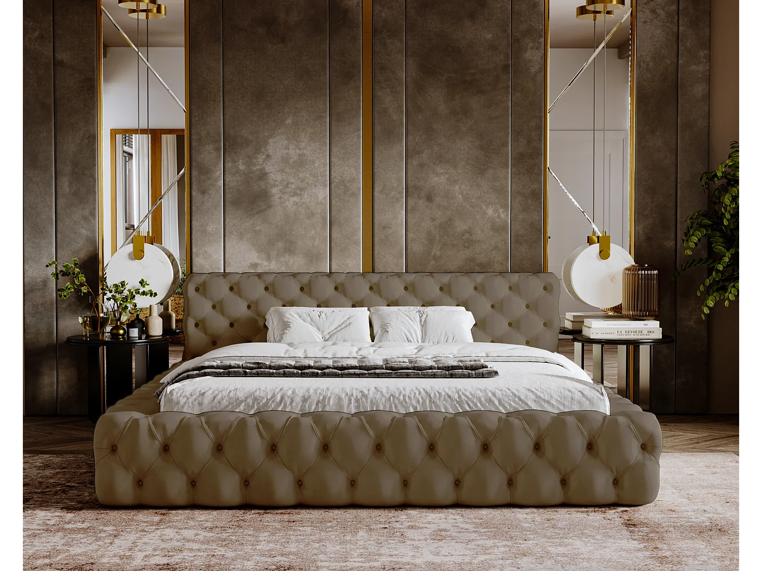 Emporius gestoffeerd bed 180x200 Vigo, bed met lattenbodem - tweepersoonsbed 180x200 cm, groot hoofdeinde - fluwelen Beige (Amor Velvet 4302)