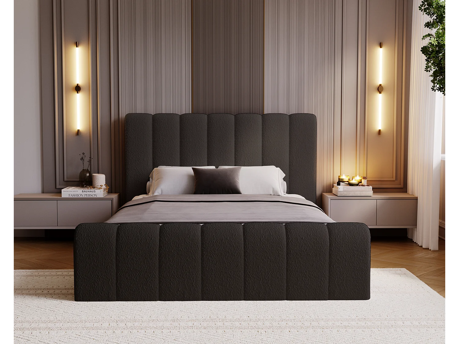 Emporius Polsterbett Bouclé 140x200 Valetta - Bett mit Bettkasten, Lattenrost & Kopfteil - Hersteller, Doppelbett 140x200 (Schwarz - Anthology 19)