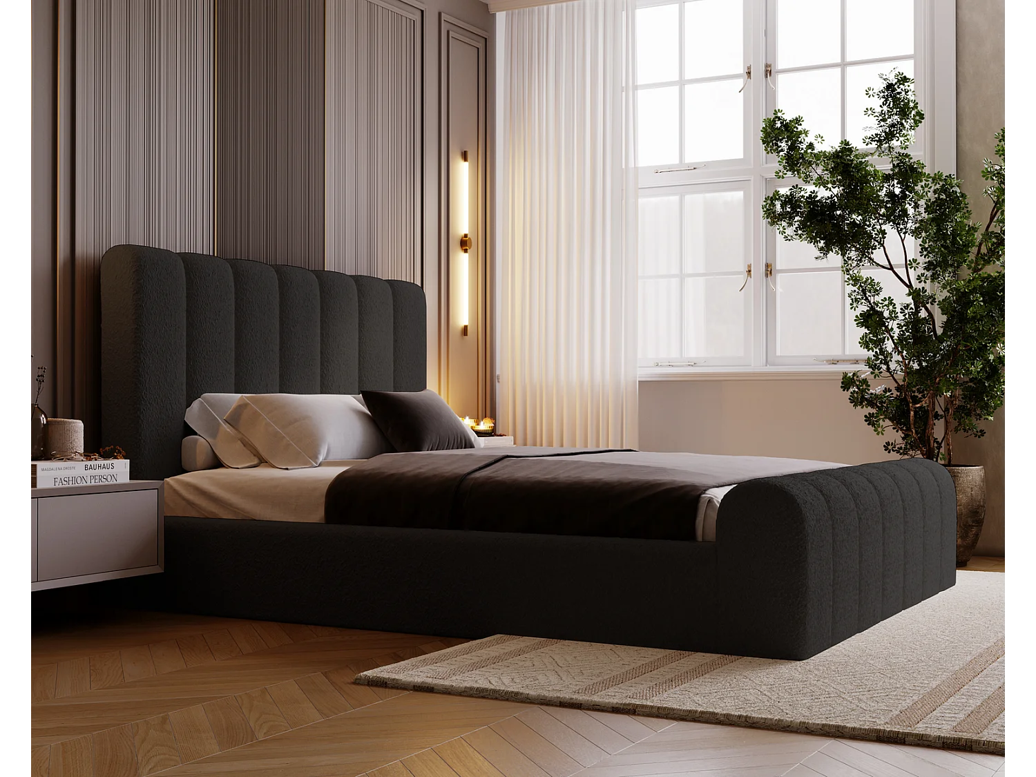 Emporius Polsterbett Bouclé 140x200 Valetta - Bett mit Bettkasten, Lattenrost & Kopfteil - Hersteller, Doppelbett 140x200 (Schwarz - Anthology 19)