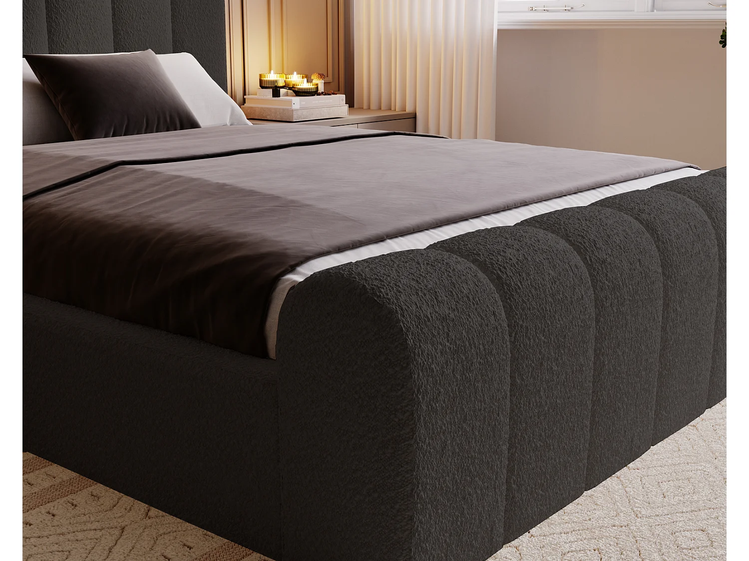 Emporius bed bouclé 140x200 Valetta - Gestoffeerd bed met opbergruimte, luxe bed met lattenbodem en bedlade - tweepersoonsbed 140x200 - Zwart (Anthology 19)