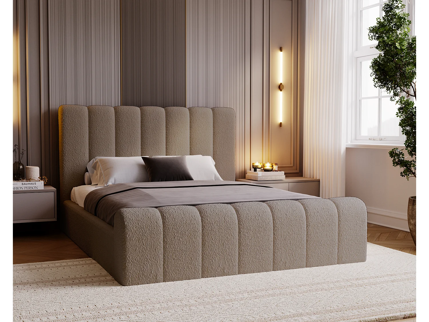 Emporius bed bouclé 140x200 Valetta - Gestoffeerd bed met opbergruimte, luxe bed met lattenbodem en bedlade - tweepersoonsbed 140x200 - Bruin (Anthology 5)