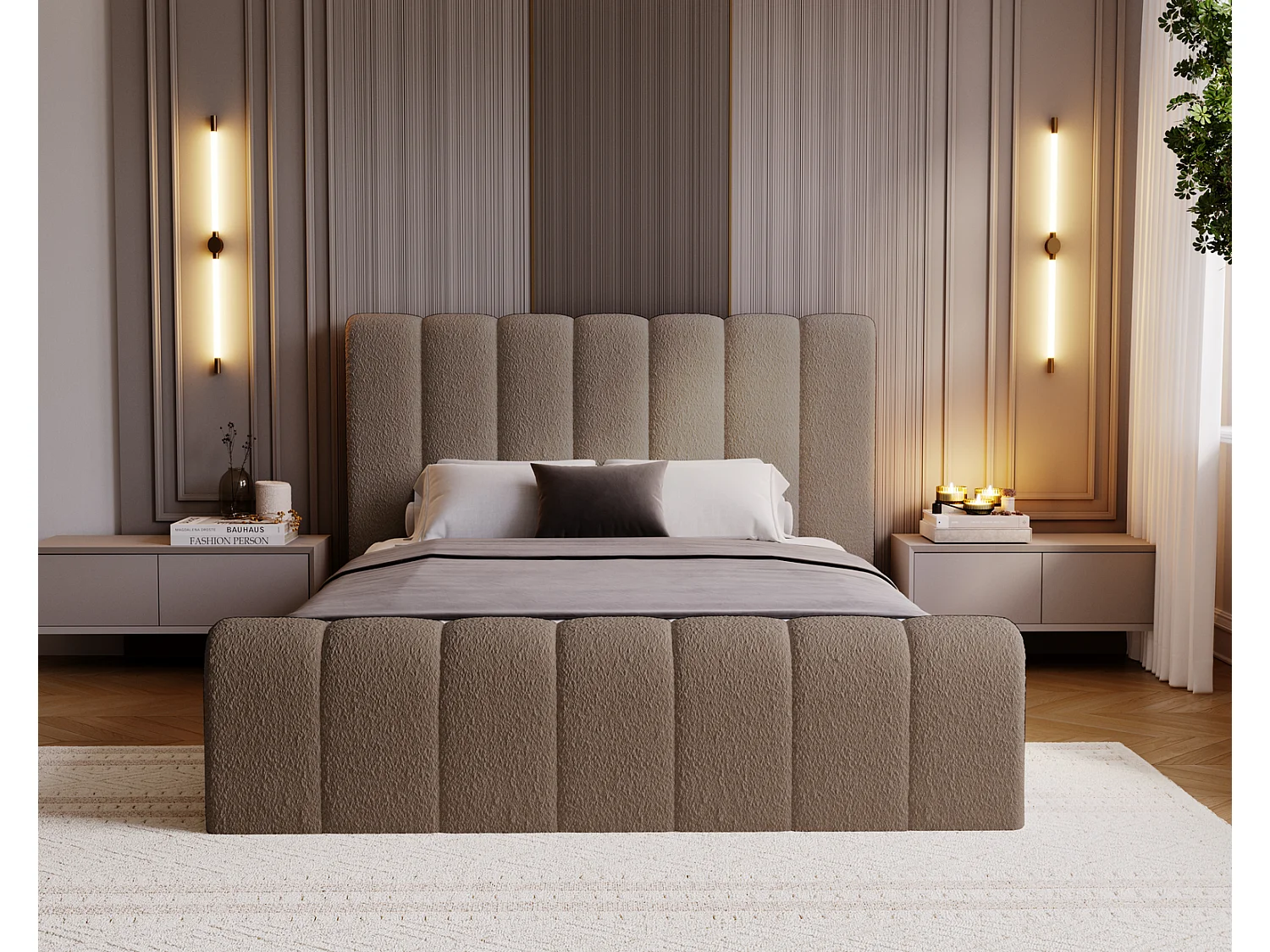 Emporius bed bouclé 140x200 Valetta - Gestoffeerd bed met opbergruimte, luxe bed met lattenbodem en bedlade - tweepersoonsbed 140x200 - Bruin (Anthology 5)