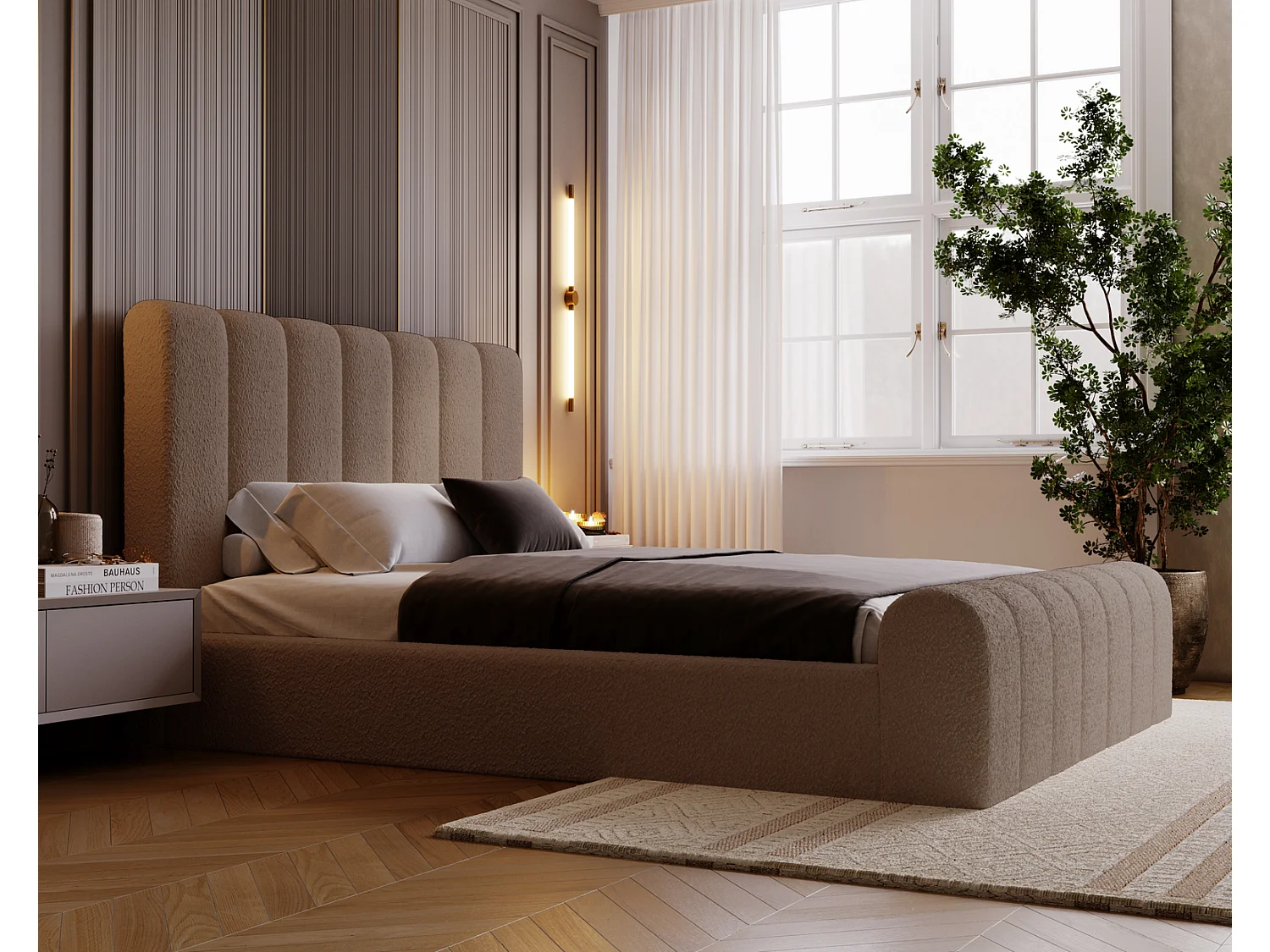 Emporius bed bouclé 140x200 Valetta - Gestoffeerd bed met opbergruimte, luxe bed met lattenbodem en bedlade - tweepersoonsbed 140x200 - Bruin (Anthology 5)