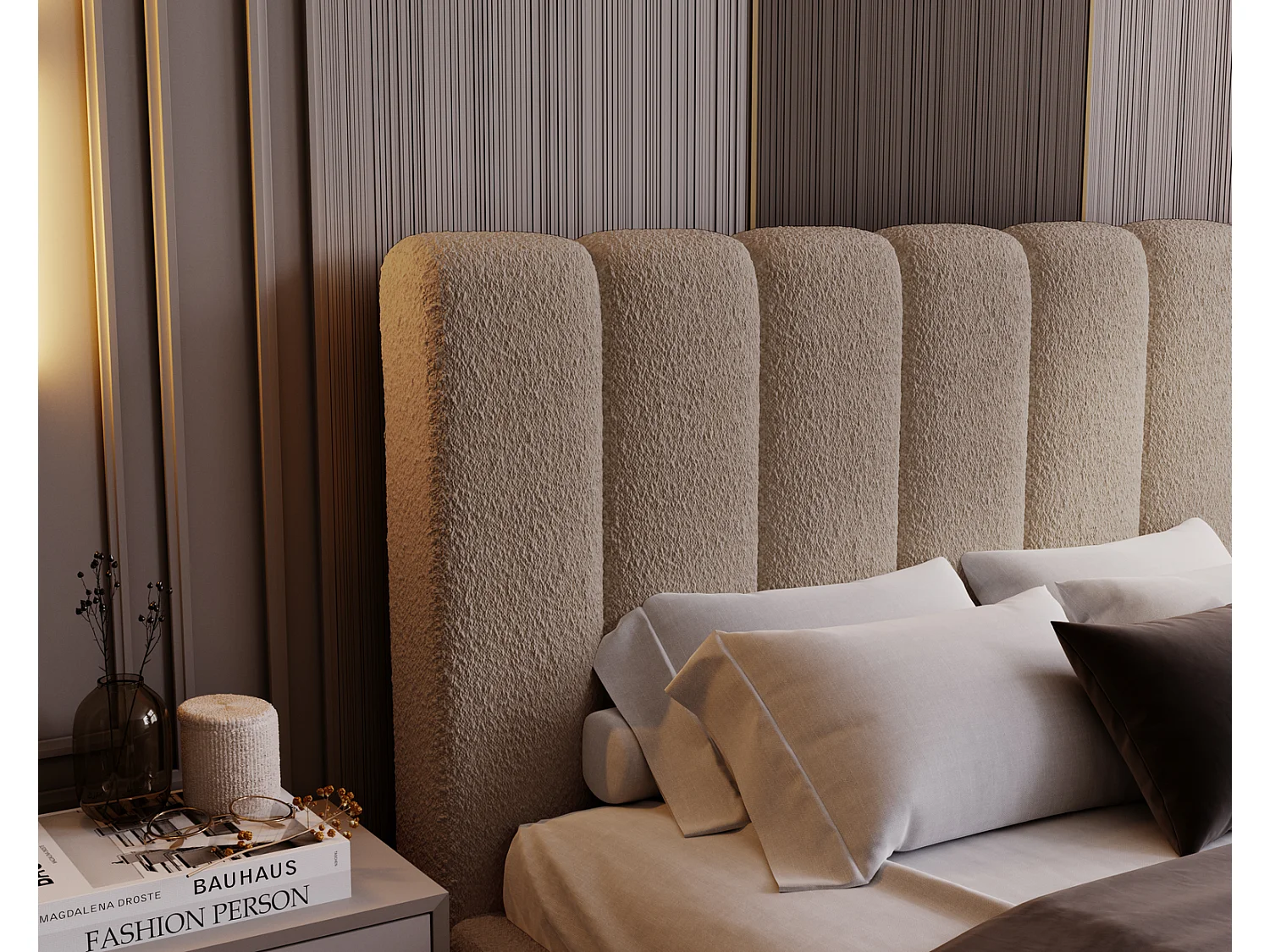 Emporius bed bouclé 140x200 Valetta - Gestoffeerd bed met opbergruimte, luxe bed met lattenbodem en bedlade - tweepersoonsbed 140x200 - Bruin (Anthology 5)