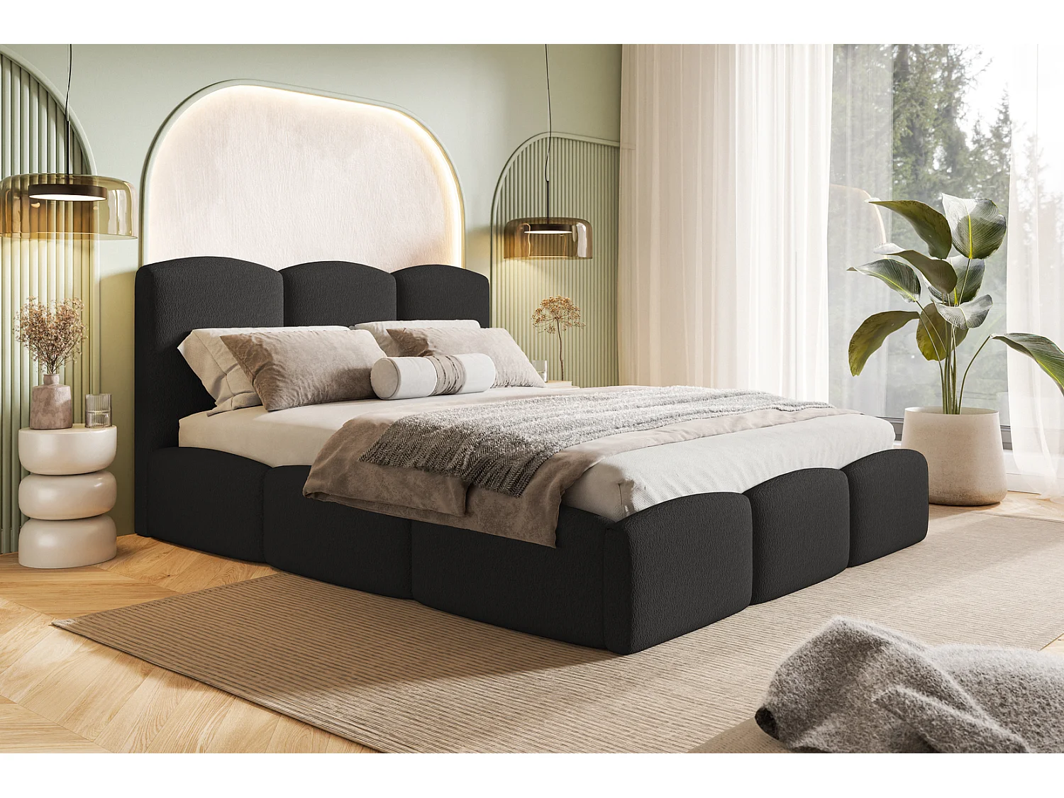 Lit double 140x200 Roma Slim - Lit coffre, tissu bouclé - Noir (Anthology 19)