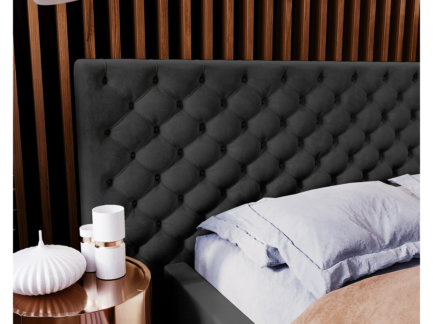 Emporius tweepersoonsbed 180x200 Bella, glamourstijl - gestoffeerd bed, chesterfield, opbergruimte - fluweel Zwart (Magic Velvet 2219)