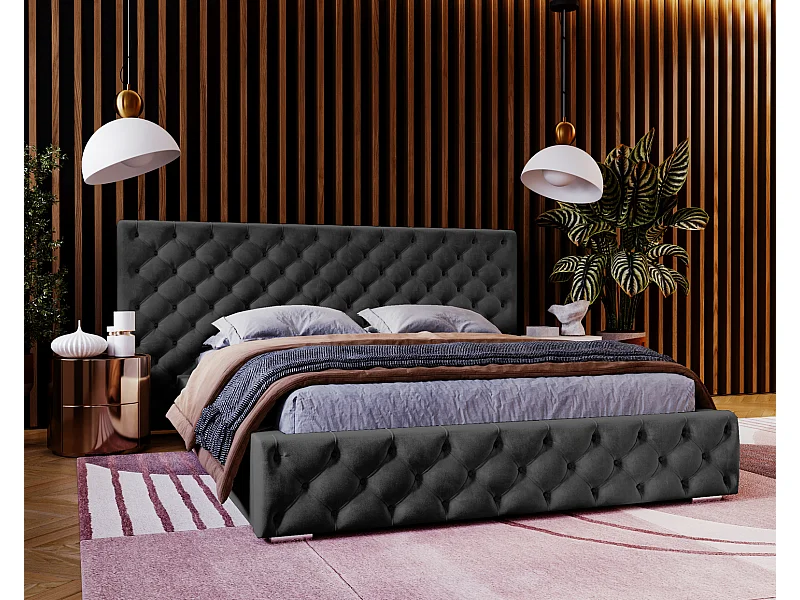 Emporius Lit double 180x200 Bella - Chesterfield Lit, tissu Velvet, Rangement, Sommier à Lattes - Lit double Noir (Magic Velvet 2219)