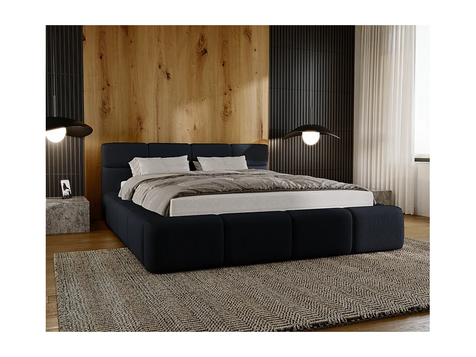 Emporius tweepersoonsbed 160x200, gestoffeerd bed Oslo -  dik foam, lattenbodem, fluwelen - Zwart (Solar 99)