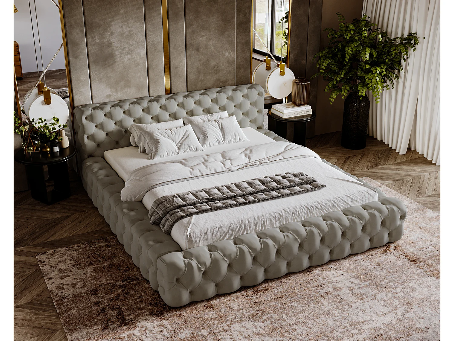 Emporius gestoffeerd bed 180x200 Vigo, bed met lattenbodem - tweepersoonsbed 180x200 cm, groot hoofdeinde - fluwelen Lichtgrijs (Amor Velvet 4318)