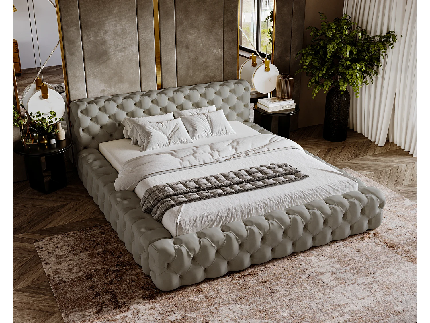 Emporius gestoffeerd bed 180x200 Vigo, bed met lattenbodem - tweepersoonsbed 180x200 cm, groot hoofdeinde - fluwelen Lichtgrijs (Amor Velvet 4318)