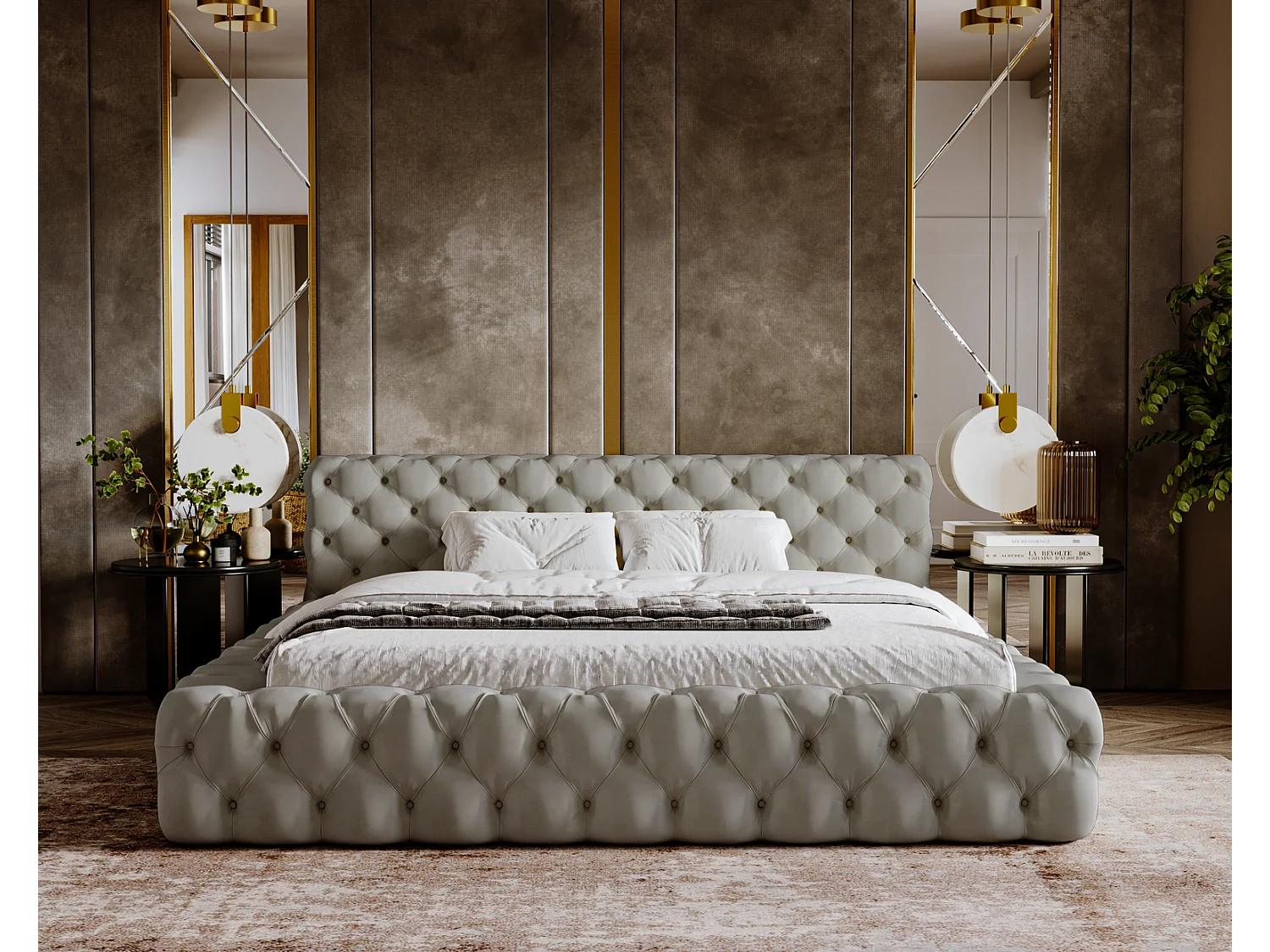 Emporius gestoffeerd bed 180x200 Vigo, bed met lattenbodem - tweepersoonsbed 180x200 cm, groot hoofdeinde - fluwelen Lichtgrijs (Amor Velvet 4318)