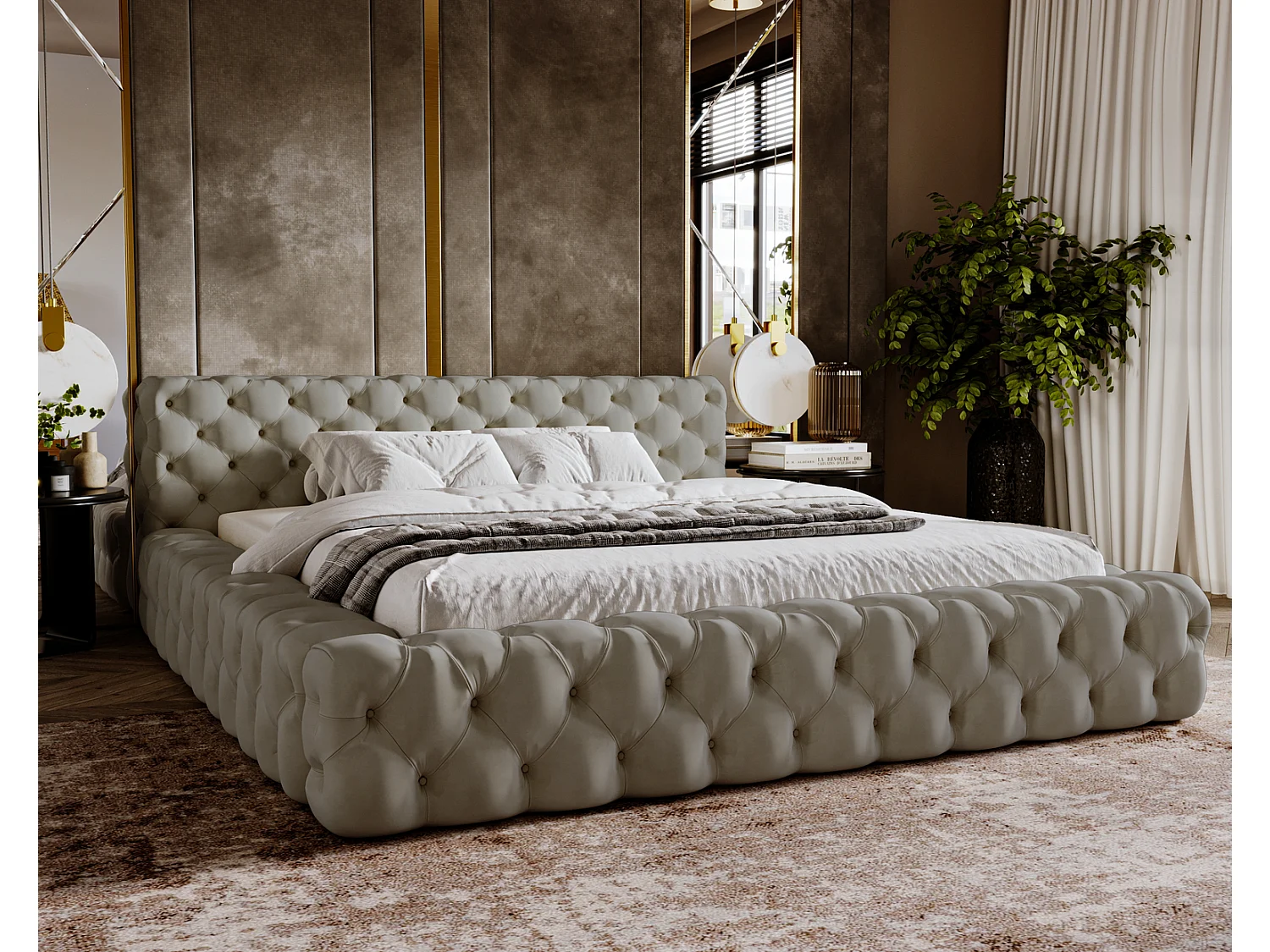 Emporius Lit rembourré avec rangement Vigo, Lit adulte 180x200 cm - Gris clair (Amor Velvet 4318)