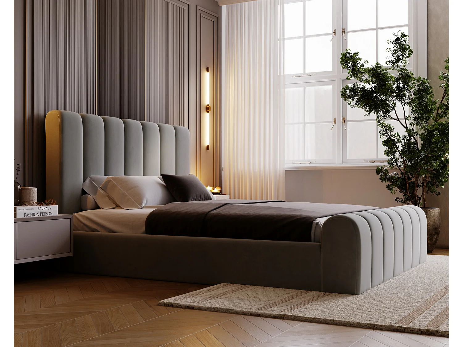 Emporius Lit 140x200 Valetta - Lit Rembourré avec Rangement, Sommier à Lattes, Lit adulte velvet 140x200 - Gris clair (Amor Velvet 4318)