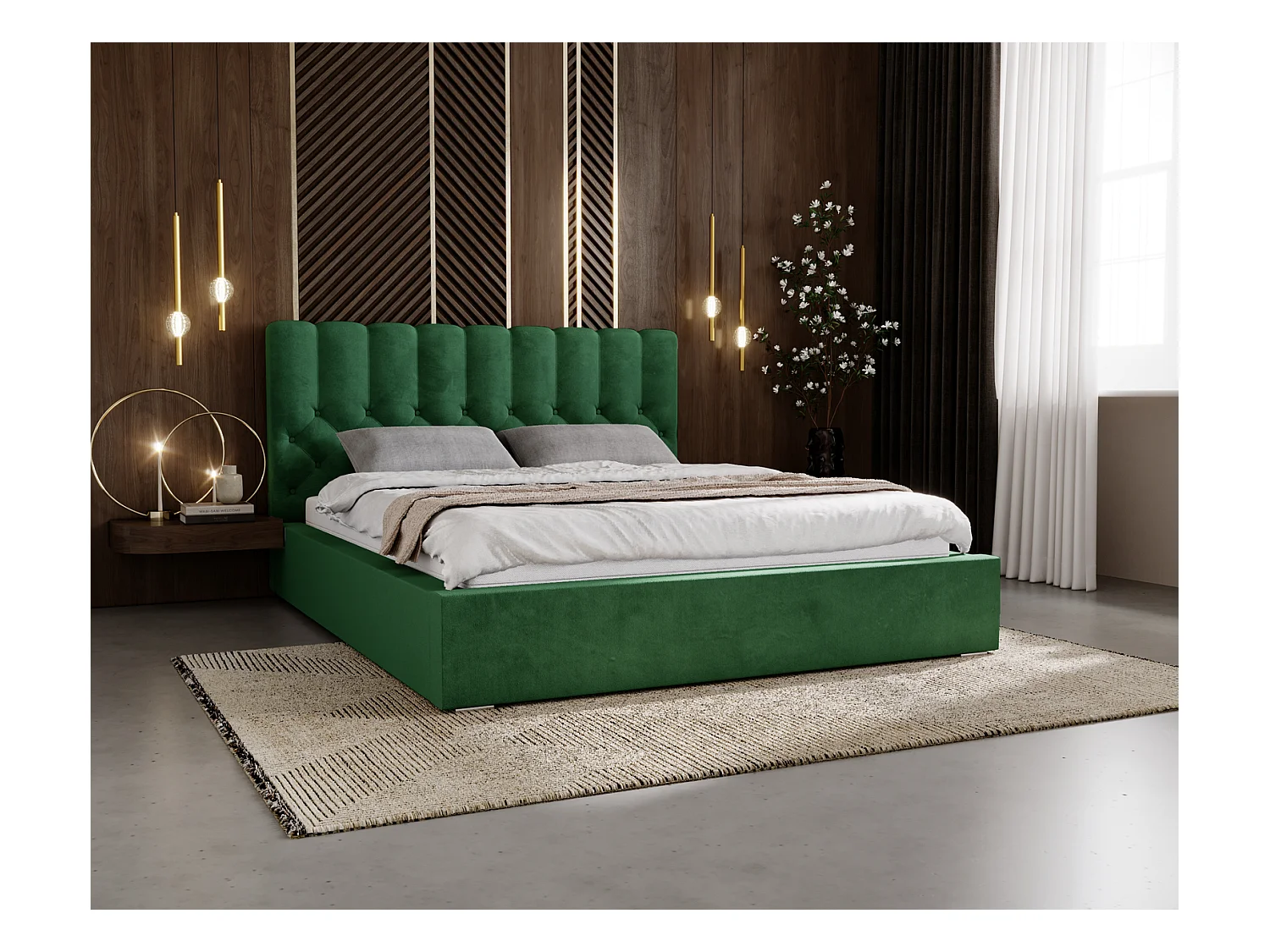 Emporius Lit rembourré 160x200 Sevilla - tête de lit, Haute rembourrée, Rangement - Lit chesterfield Vert (Magic Velvet 2225)