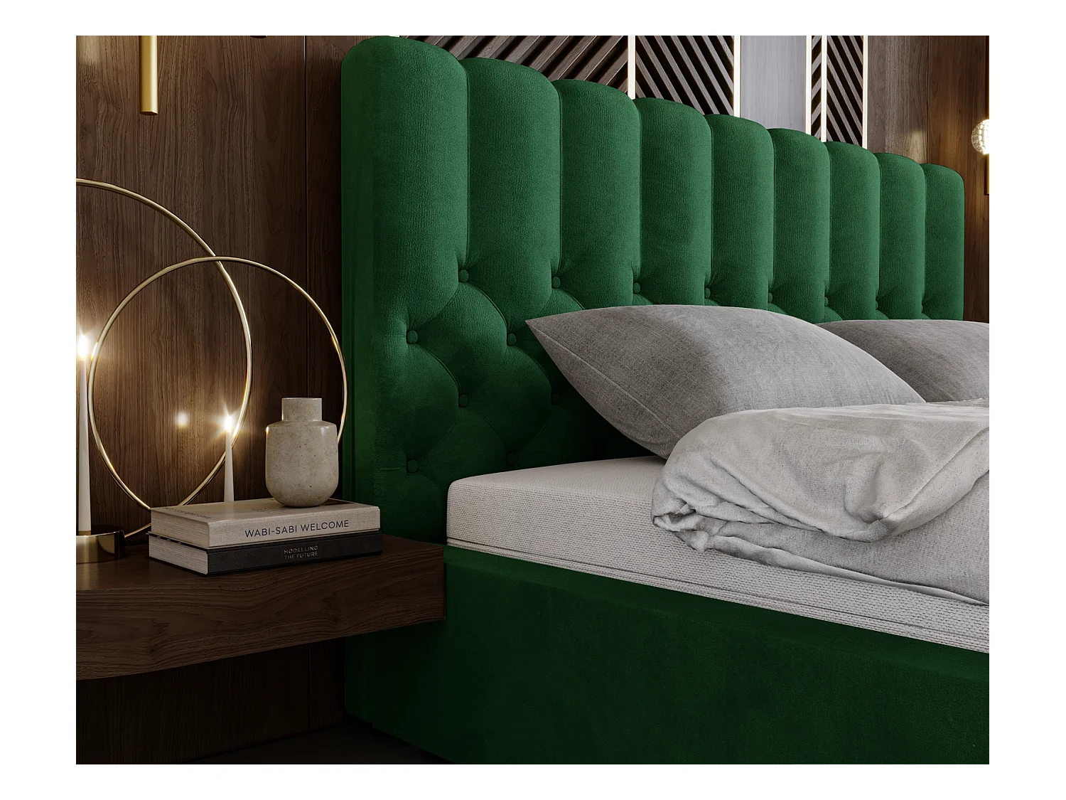 Emporius Lit rembourré 160x200 Sevilla - tête de lit, Haute rembourrée, Rangement - Lit chesterfield Vert (Magic Velvet 2225)