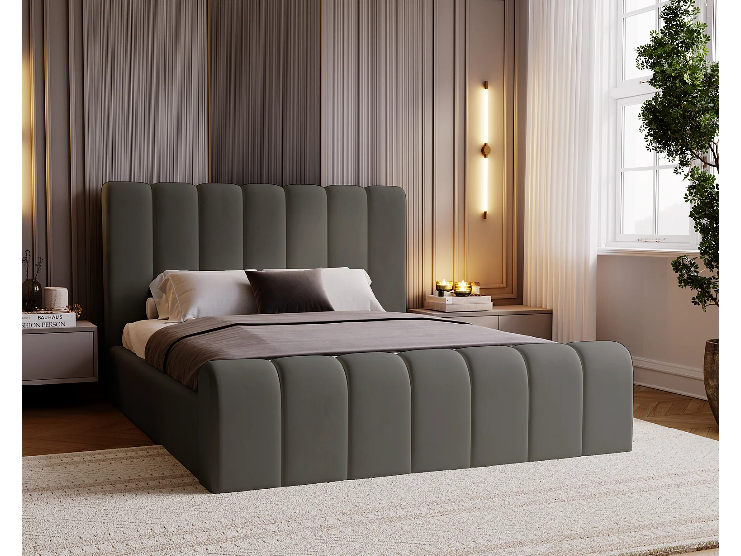 Emporius bed 140x200 Valetta - tweepersoonsbed met opbergruimte, luxe bed met lattenbodem en bedlade - Gestoffeerd bed 140x200 - Donkergrijs (Amor Velvet 4321)