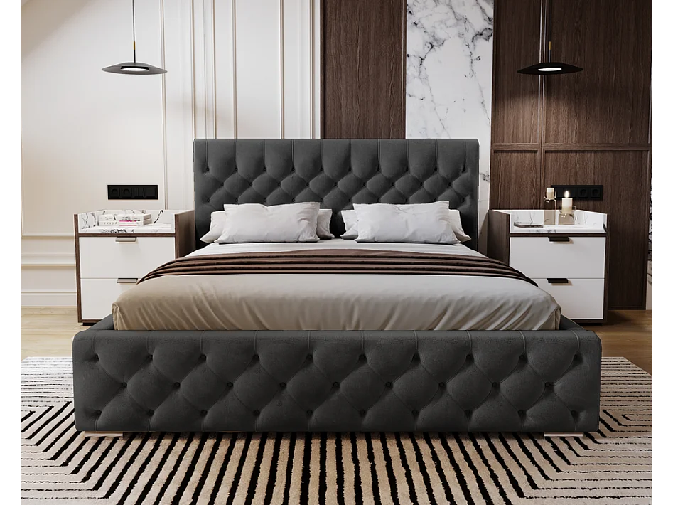 Emporius Gestoffeerd bed met groot hoofdeinde Elira tweepersoonsbed 140x200 - lattenbodem, bedlade, fluwelen - Zwart (Magic Velvet 2219)