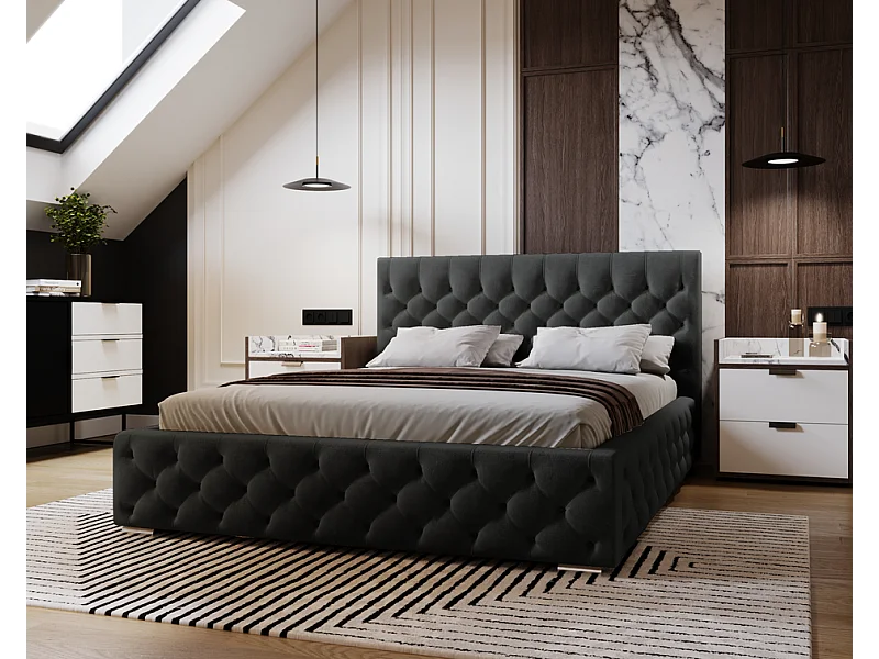 Emporius Gestoffeerd bed met groot hoofdeinde Elira tweepersoonsbed 140x200 - lattenbodem, bedlade, fluwelen - Zwart (Magic Velvet 2219)