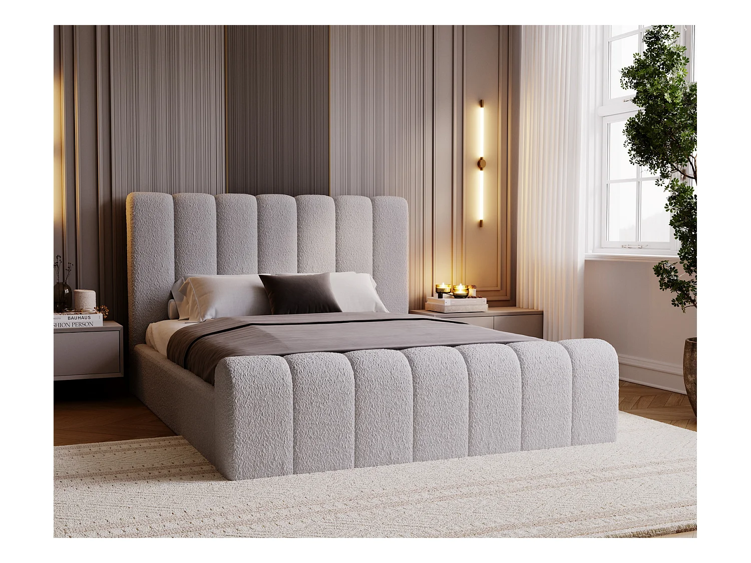 Emporius Lit 180x200 Valetta - Lit Rembourré avec Rangement, Sommier à Lattes, Lit adulte 180x200 bouclé - Gris clair (Anthology 15)