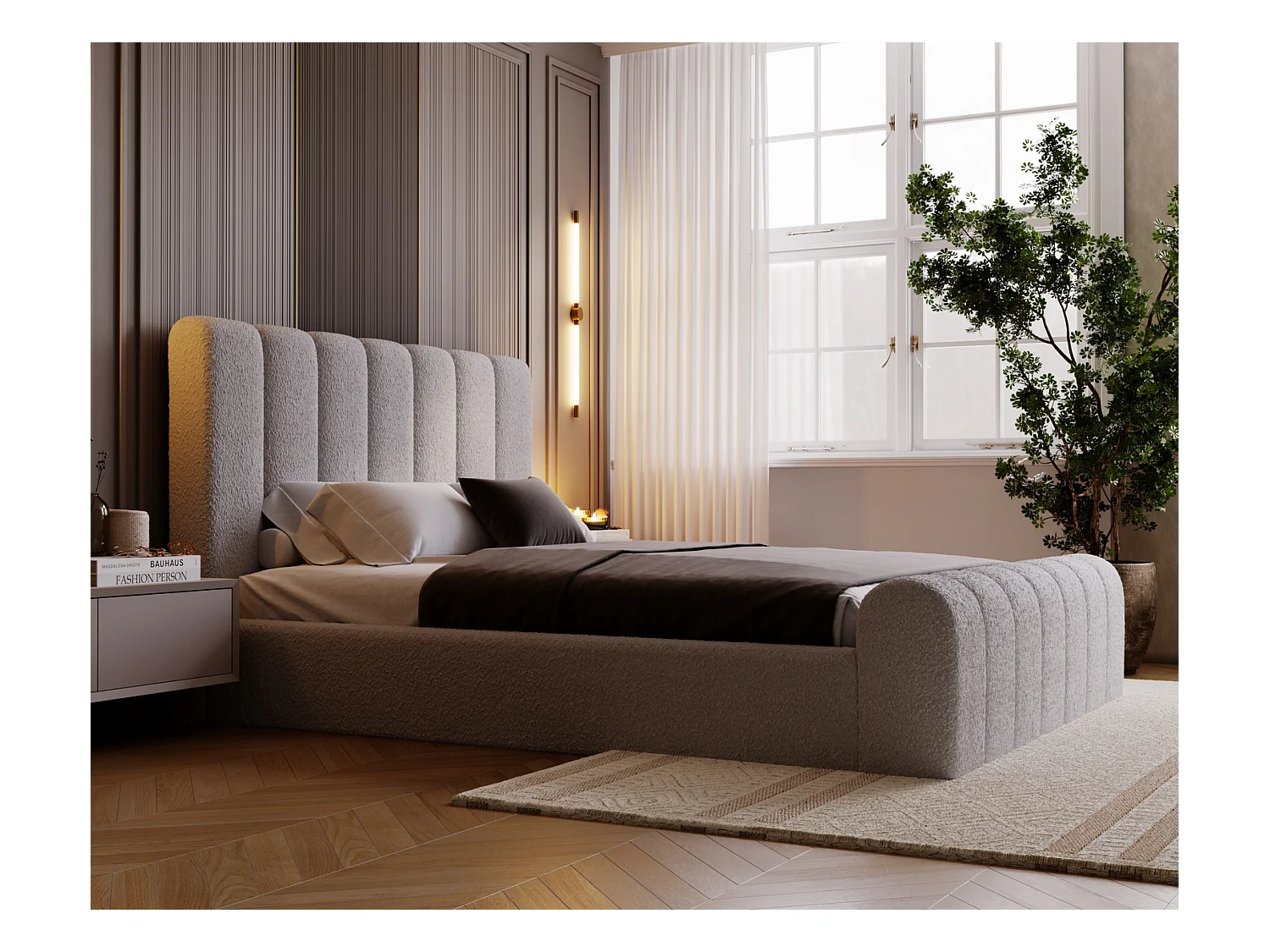 Emporius Lit 180x200 Valetta - Lit Rembourré avec Rangement, Sommier à Lattes, Lit adulte 180x200 bouclé - Gris clair (Anthology 15)