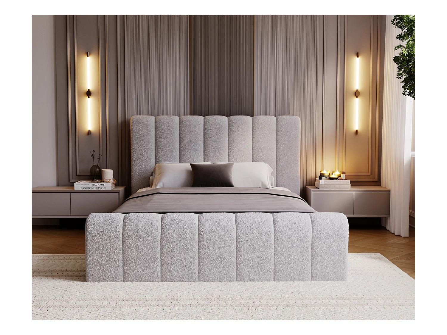 Emporius Lit 180x200 Valetta - Lit Rembourré avec Rangement, Sommier à Lattes, Lit adulte 180x200 bouclé - Gris clair (Anthology 15)