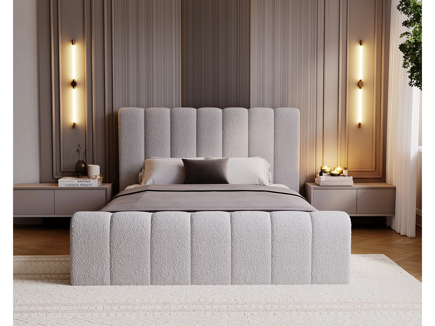 Emporius bed bouclé 180x200 Valetta - Gestoffeerd bed met opbergruimte, luxe bed met lattenbodem en bedlade - tweepersoonsbed 180x200 - Lichtgrijs (Anthology 15)