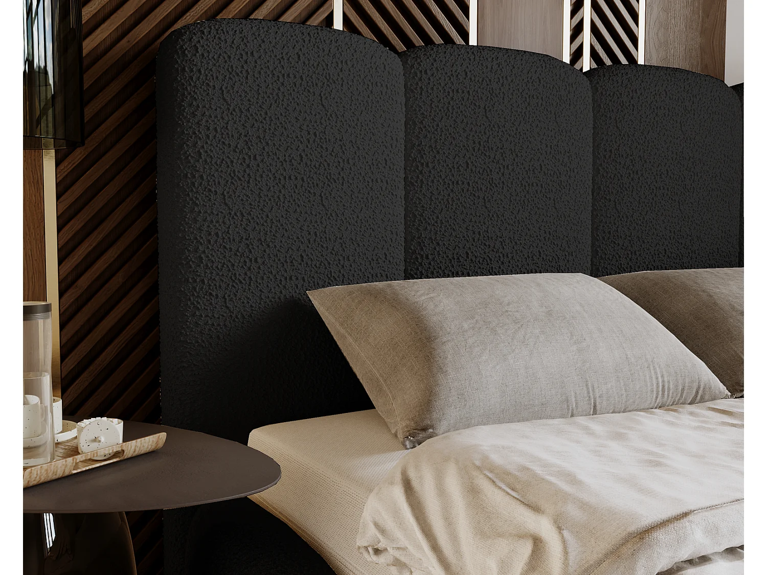 Emporius Merkad Boucle łóżko tapicerowane 140x200 - łóżko z pojemnikiem, gruba pianka, stelaż - elegancki design, tkanina boucle, czarny (Anthology 19)
