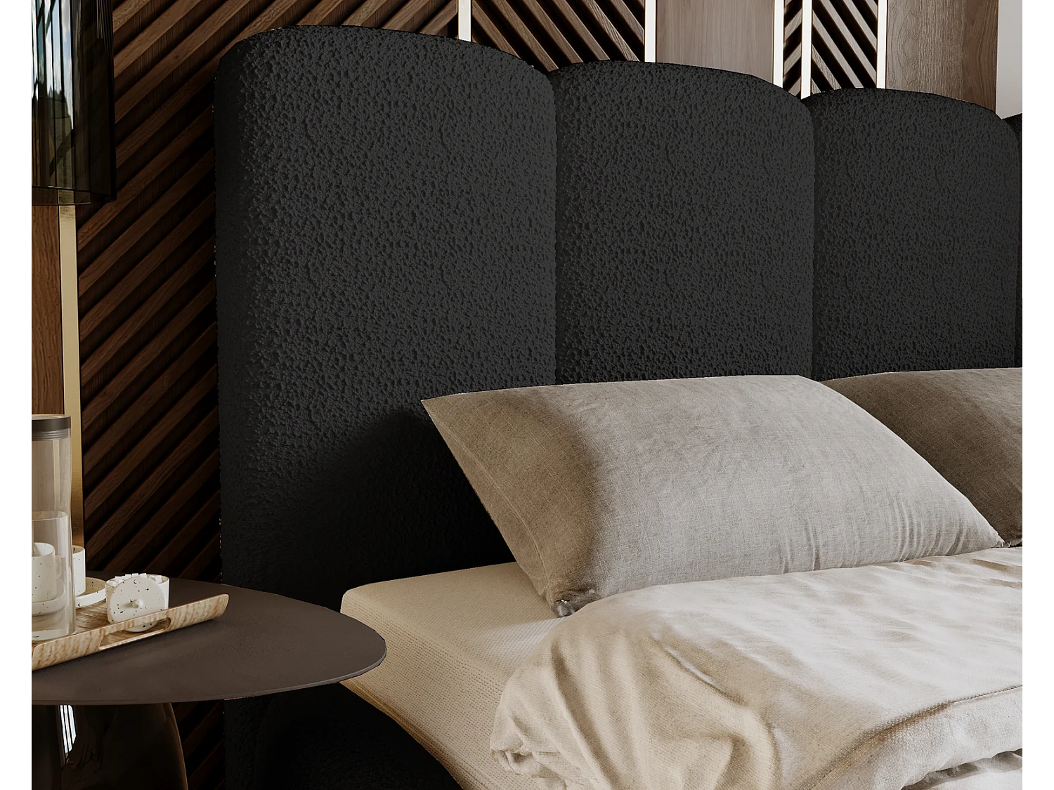 Emporius gestoffeerd bed 140x200 cm Merkad Bouclé - bed met lattenbodem en bedlade, Bouclé - Zwart (Anthology 19)