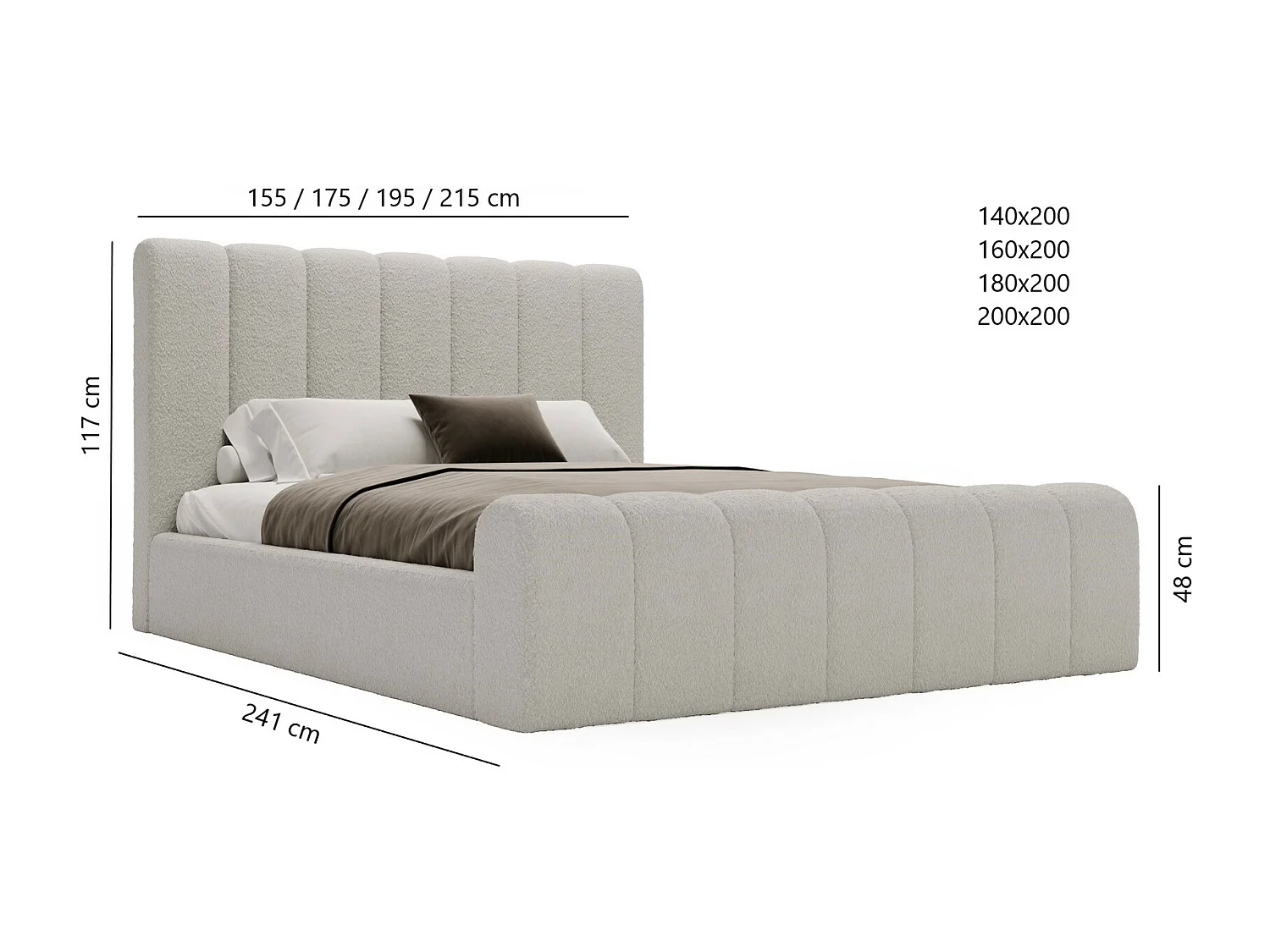 Emporius bed bouclé 140x200 Valetta - Gestoffeerd bed met opbergruimte, luxe bed met lattenbodem en bedlade - tweepersoonsbed 140x200 - Donkergrijs (Anthology 18)