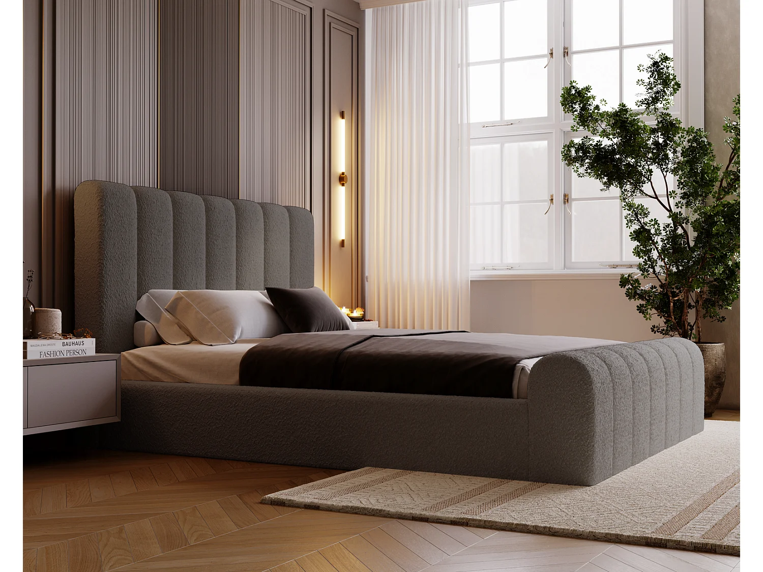 Emporius bed bouclé 140x200 Valetta - Gestoffeerd bed met opbergruimte, luxe bed met lattenbodem en bedlade - tweepersoonsbed 140x200 - Donkergrijs (Anthology 18)