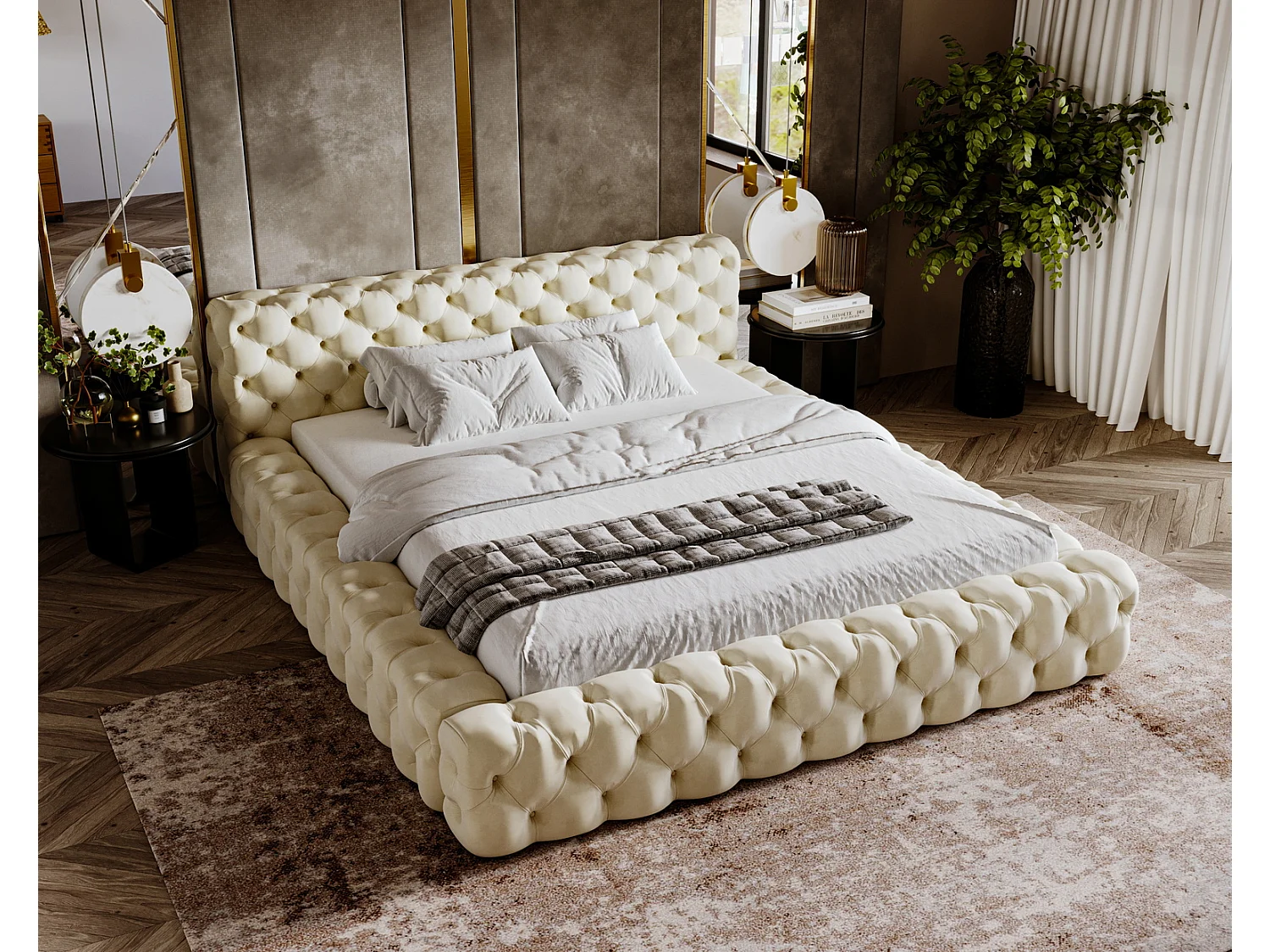 Emporius gestoffeerd bed 180x200 Vigo, bed met lattenbodem - tweepersoonsbed 180x200 cm, groot hoofdeinde - fluwelen Beige (Amor Velvet 4323)