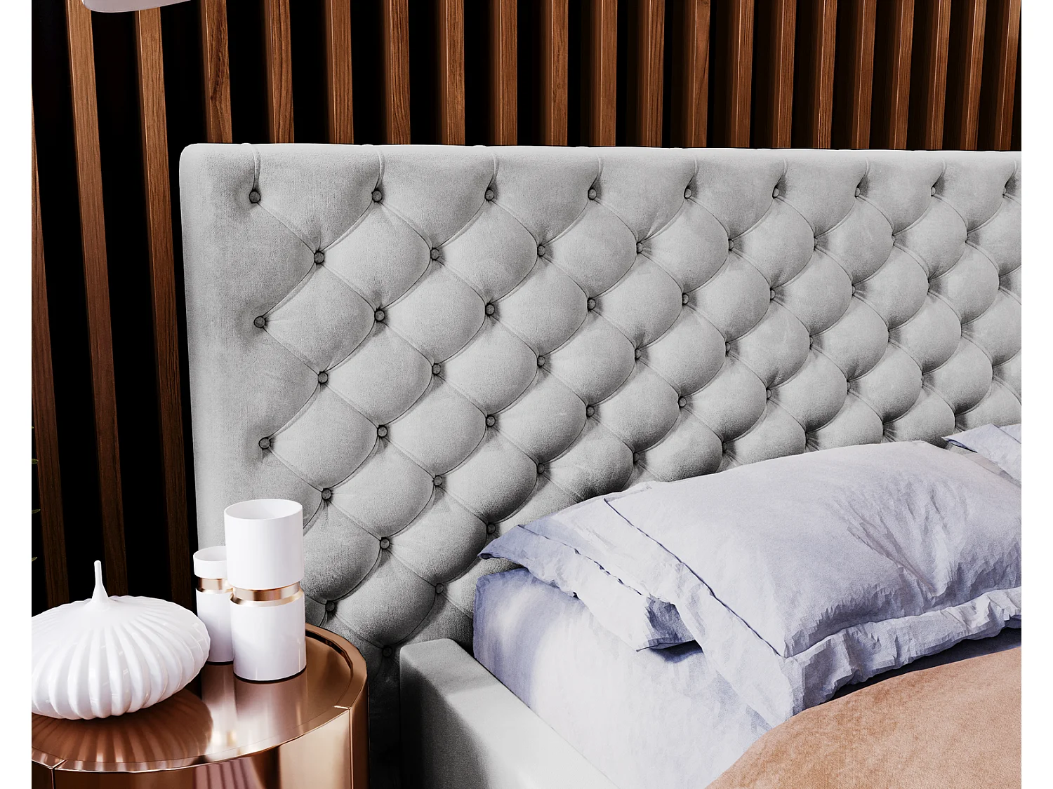 Emporius tweepersoonsbed 160x200 Bella, glamourstijl - gestoffeerd bed, chesterfield, opbergruimte - fluweel Lichtgrijs (Magic Velvet 2218)