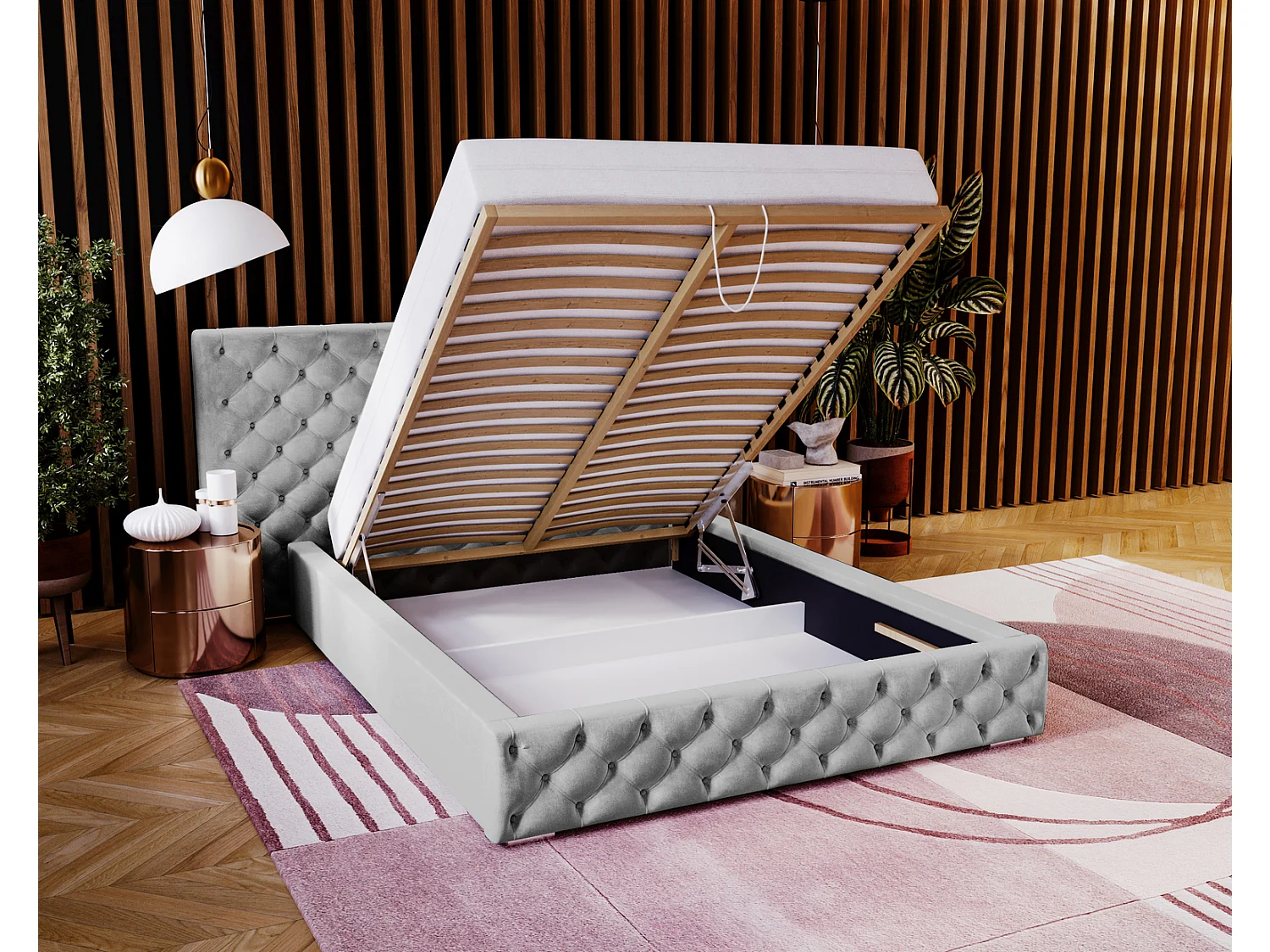 Emporius tweepersoonsbed 160x200 Bella, glamourstijl - gestoffeerd bed, chesterfield, opbergruimte - fluweel Lichtgrijs (Magic Velvet 2218)