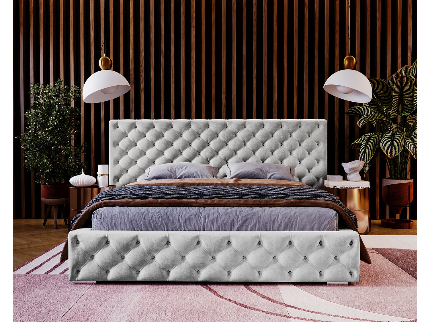 Emporius tweepersoonsbed 160x200 Bella, glamourstijl - gestoffeerd bed, chesterfield, opbergruimte - fluweel Lichtgrijs (Magic Velvet 2218)