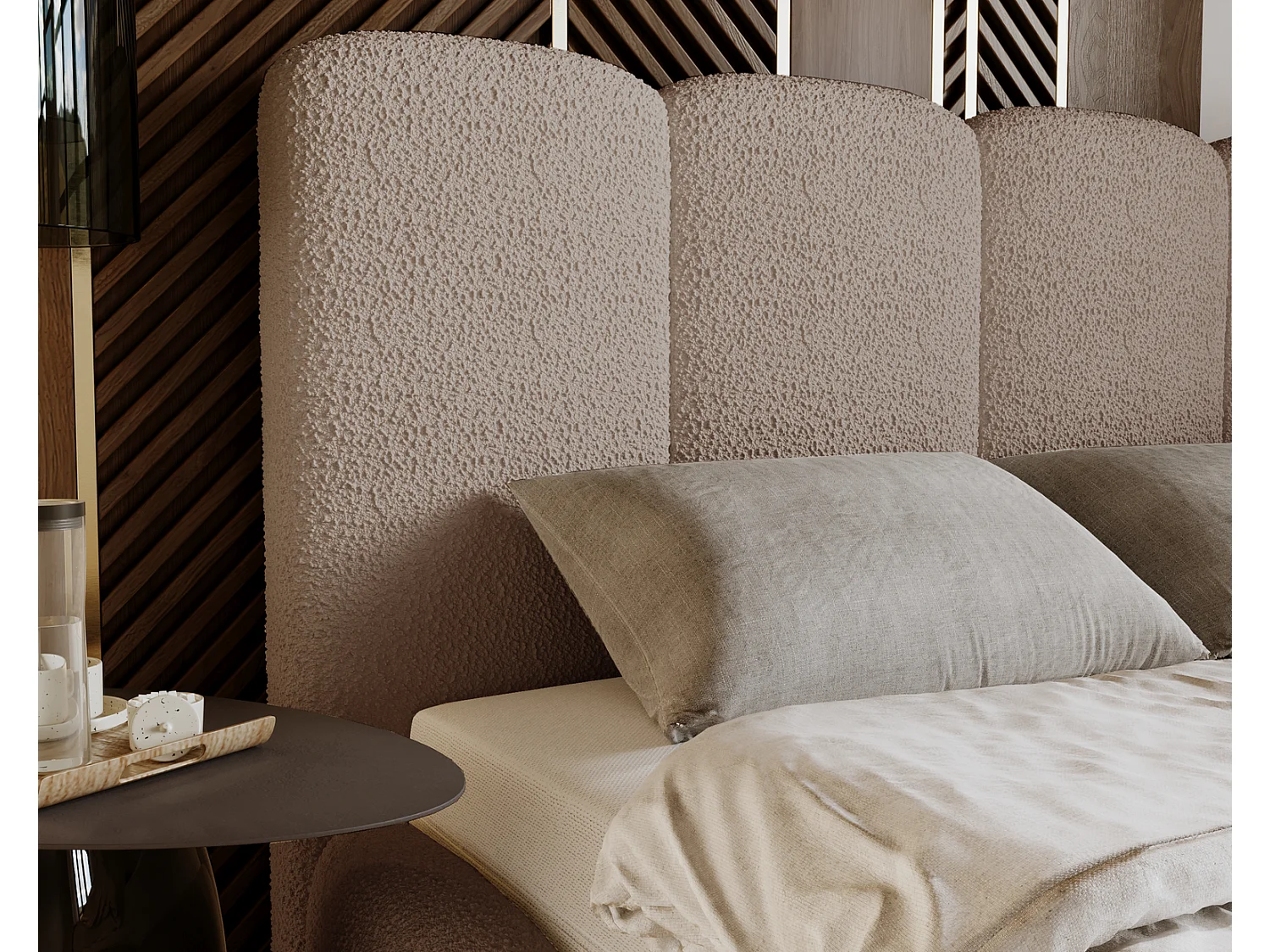 Emporius gestoffeerd bed 200x200 cm Merkad Bouclé - bed met lattenbodem en bedlade, Bouclé - Bruin (Anthology 4)