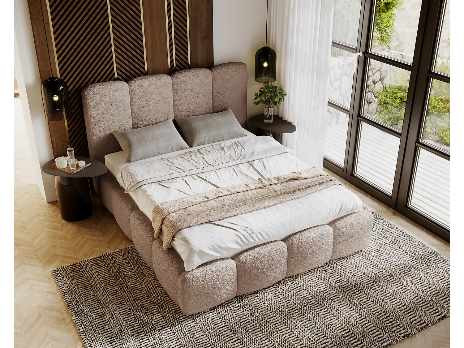 Emporius gestoffeerd bed 200x200 cm Merkad Bouclé - bed met lattenbodem en bedlade, Bouclé - Bruin (Anthology 4)