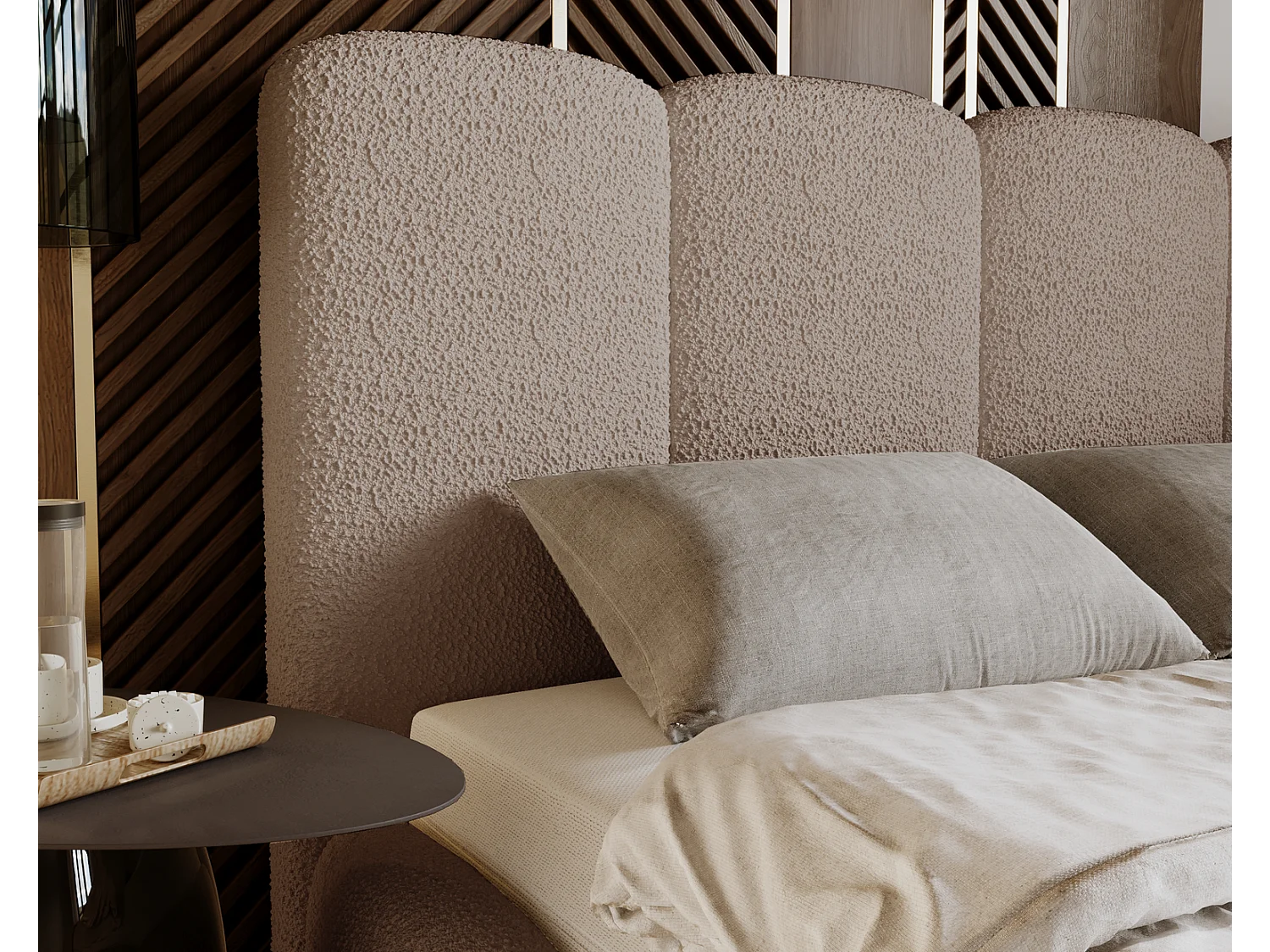 Emporius gestoffeerd bed 200x200 cm Merkad Bouclé - bed met lattenbodem en bedlade, Bouclé - Bruin (Anthology 4)