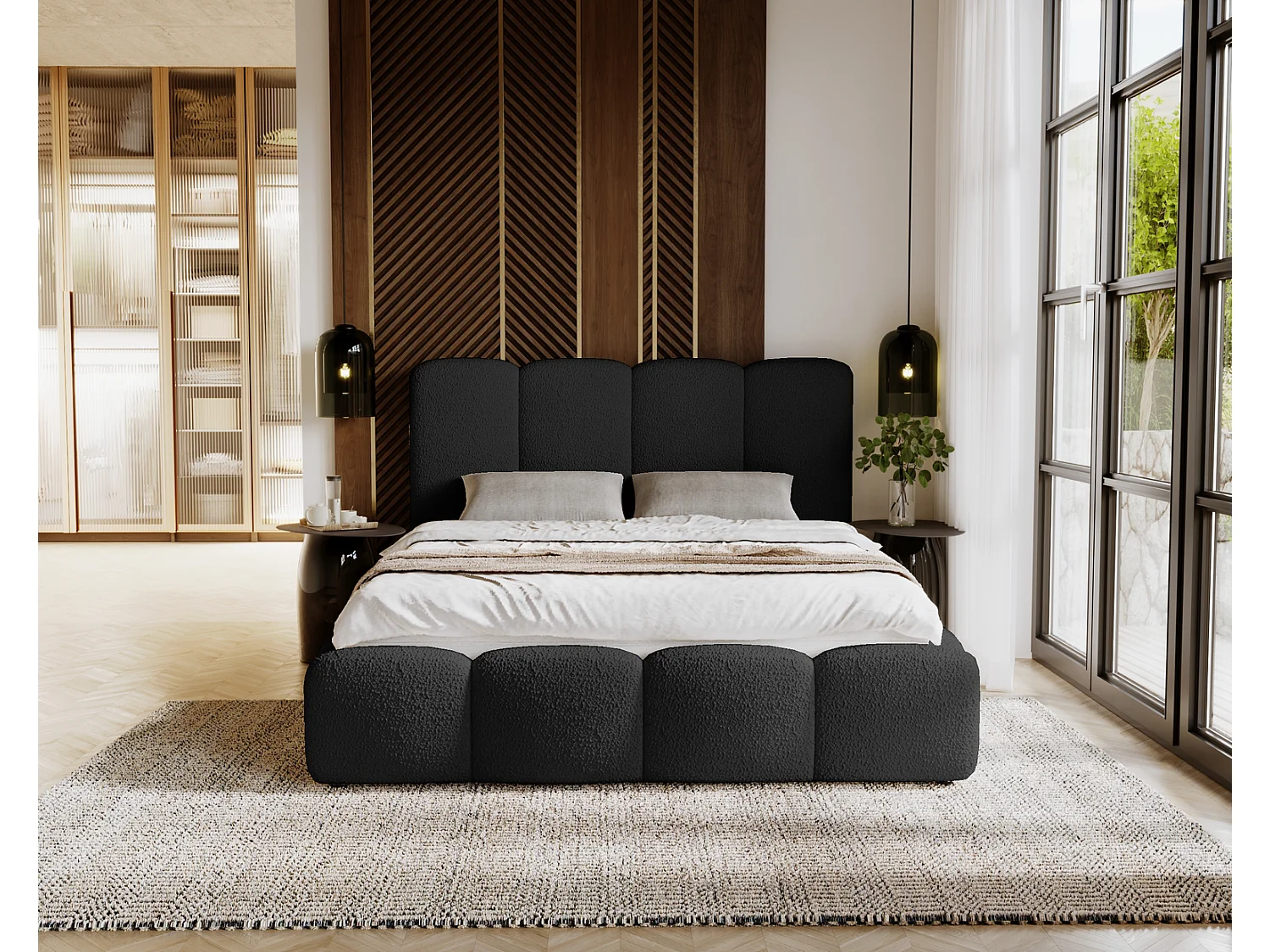 Emporius gestoffeerd bed 160x200 cm Merkad Bouclé - bed met lattenbodem en bedlade, Bouclé - Zwart (Anthology 19)