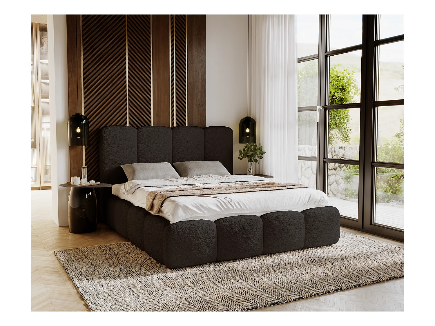 Emporius Merkad Boucle Lit double 160x200 - lit adutle avec rangement, Sommier à Lattes, Coffre à Literie - Lit Rembourré 160x200 Noir (Anthology 19)