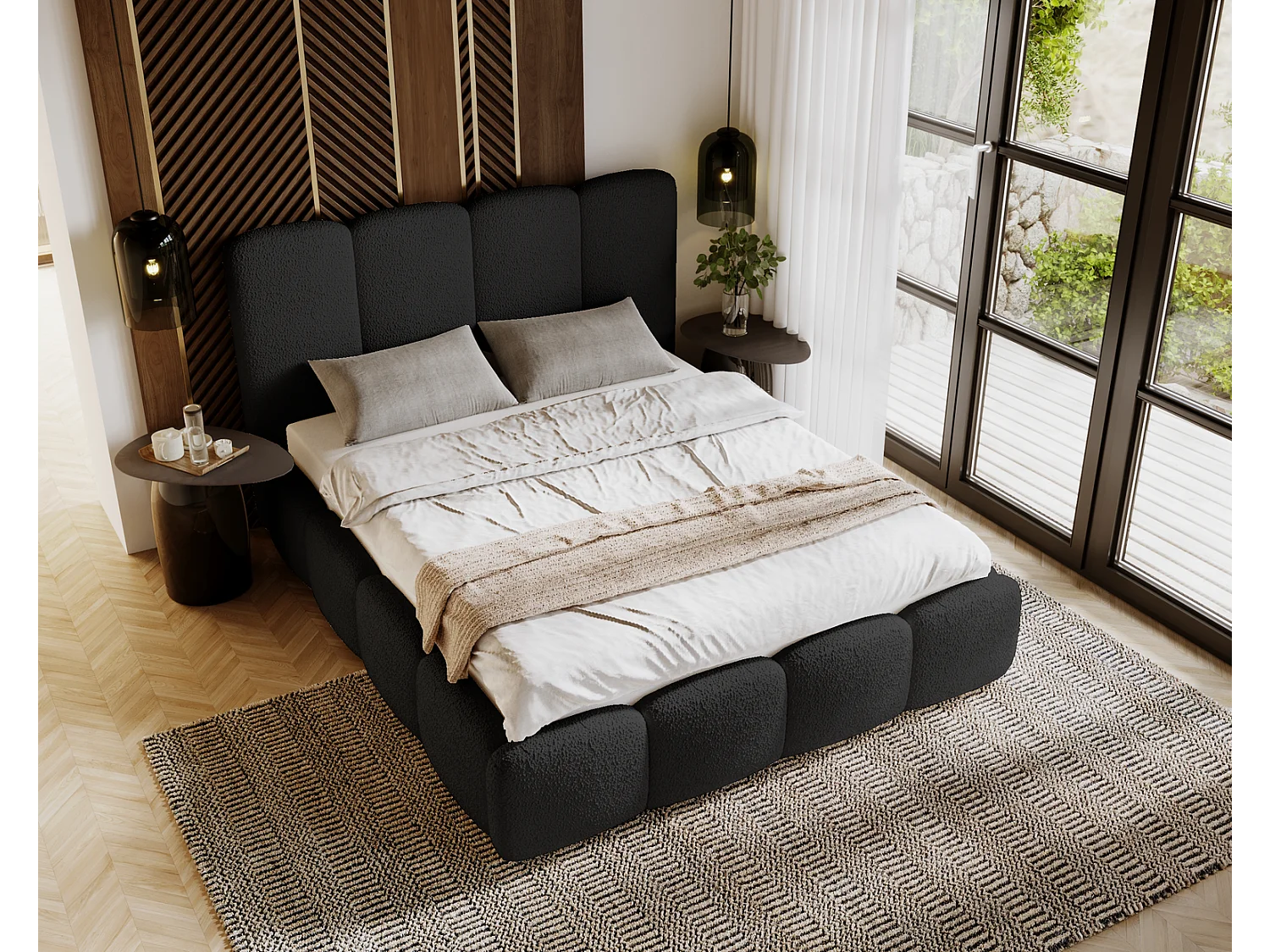 Emporius Merkad Boucle łóżko tapicerowane 160x200 - łóżko z pojemnikiem, gruba pianka, stelaż - elegancki design, tkanina boucle, czarny (Anthology 19)